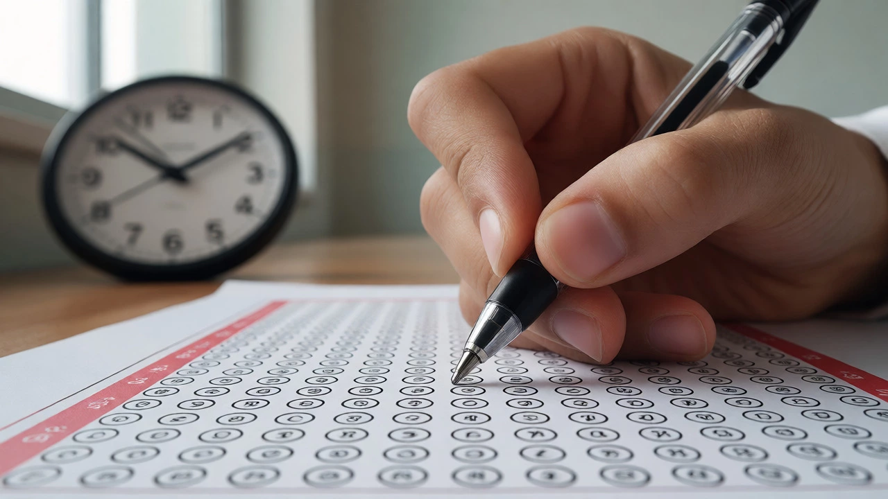 Close-up of a hand filling an OMR sheet during a timed NEET mock test.