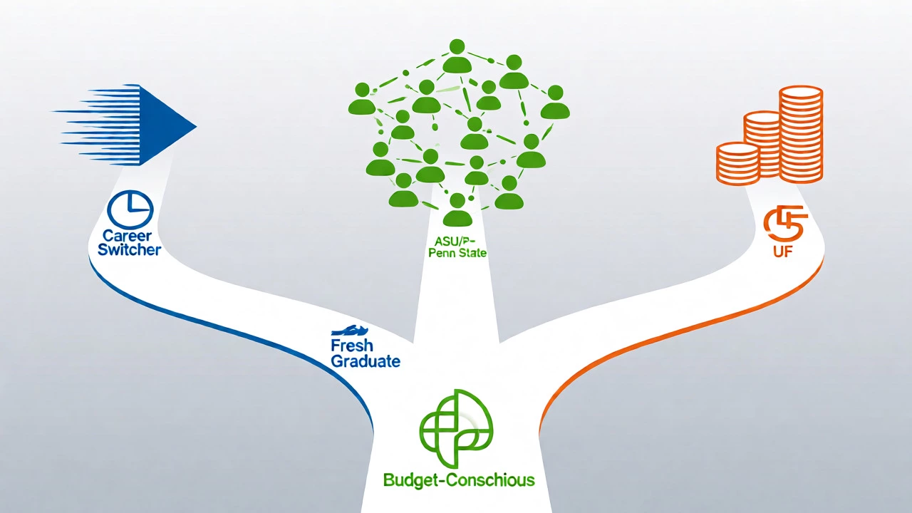Conceptual diagram showing three different paths for choosing an online college