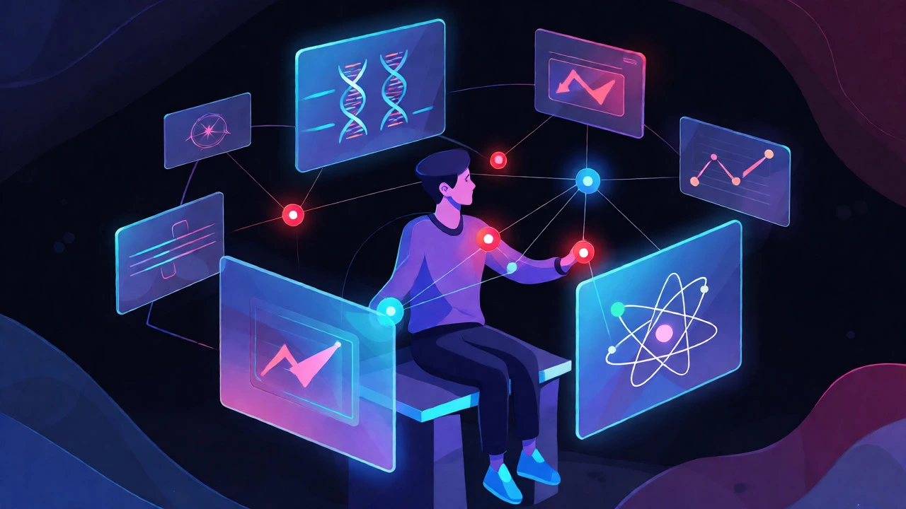 Conceptual visualization of a student analyzing errors across science subjects.
