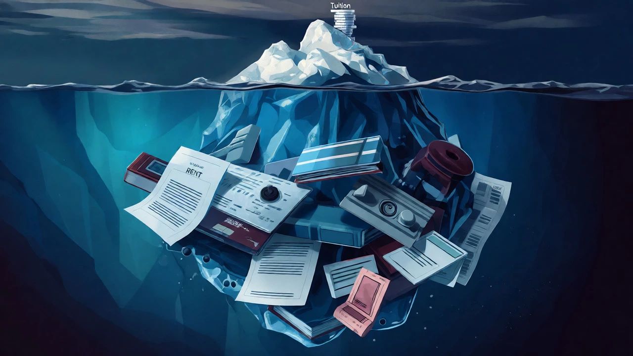 Iceberg concept showing small tuition fees above water and huge hidden costs below.