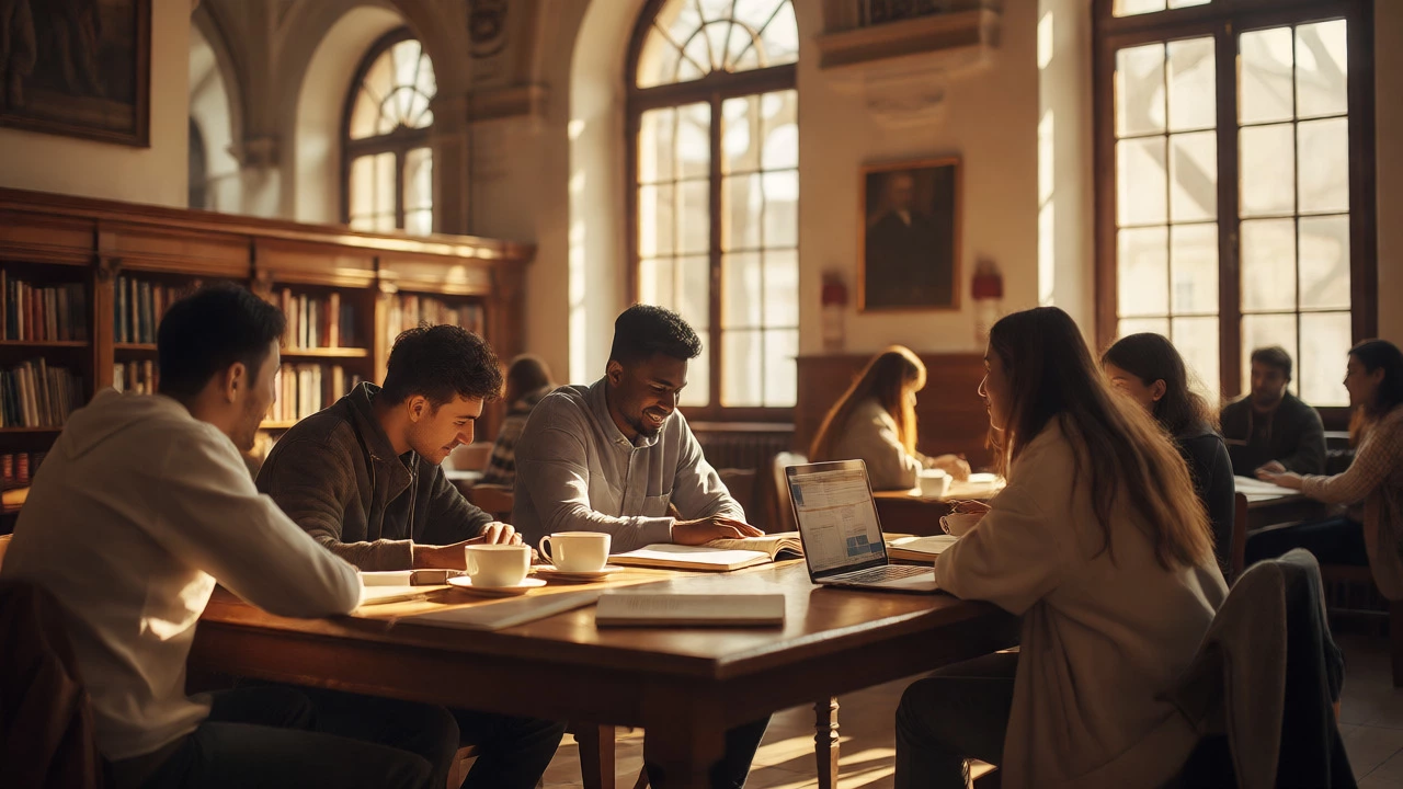 International students collaborating in a sunlit European library, highlighting community.