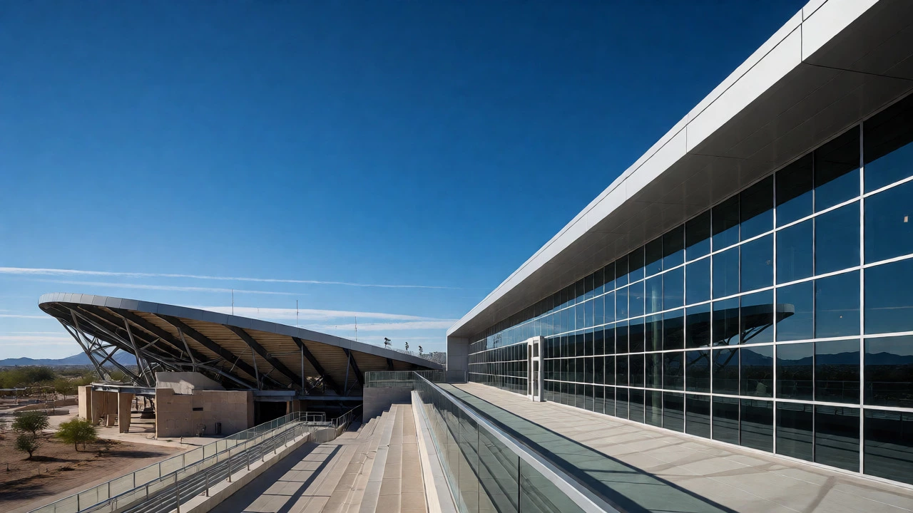 Modern Arizona State University campus architecture under a clear blue sky