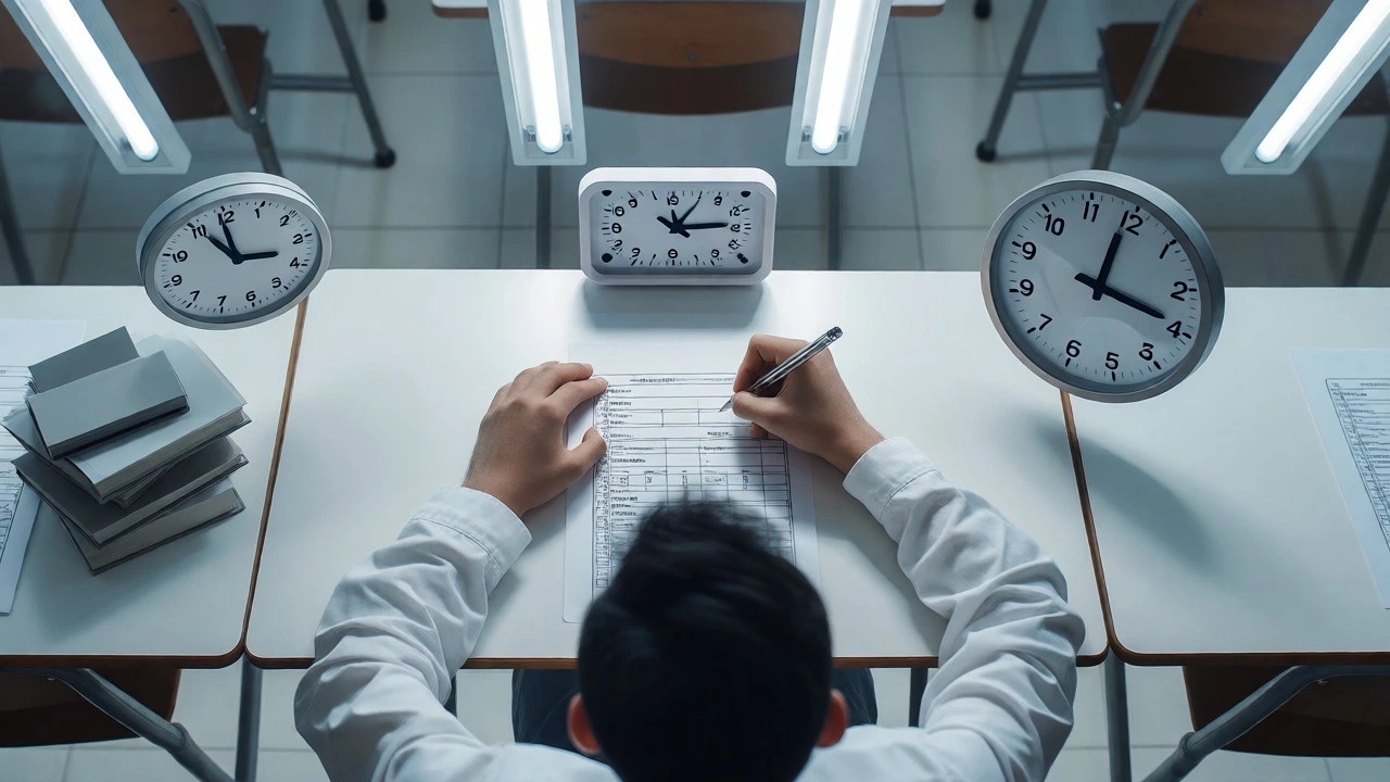 Overhead view of a student taking a timed mock exam surrounded by symbolic study pitfalls.