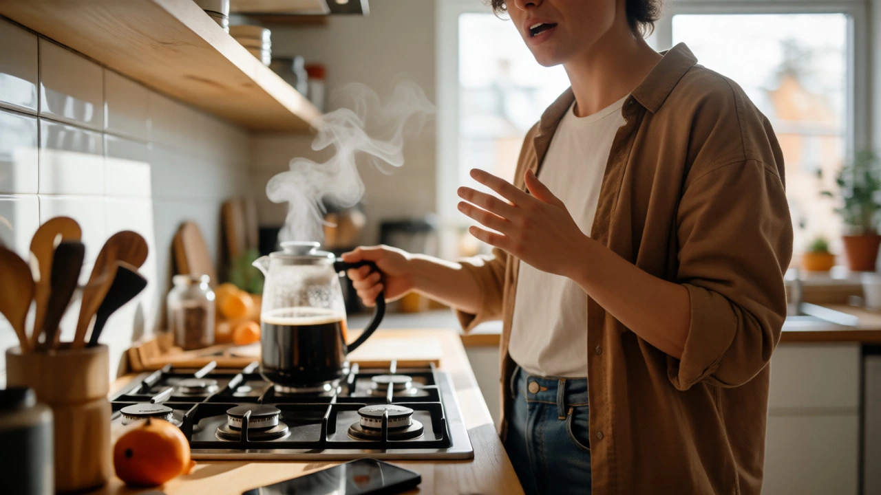 Person narrating their actions while making coffee in a bright kitchen.