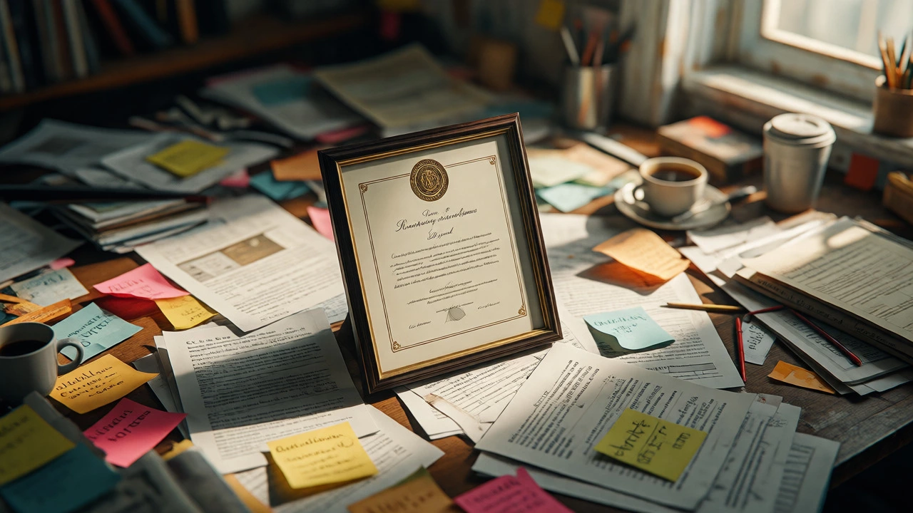 Pristine framed certificate on a messy desk highlighted by sunlight