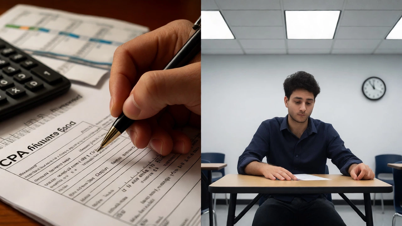 Split view of a CPA candidate writing and an MCAT test-taker in a sterile testing center.