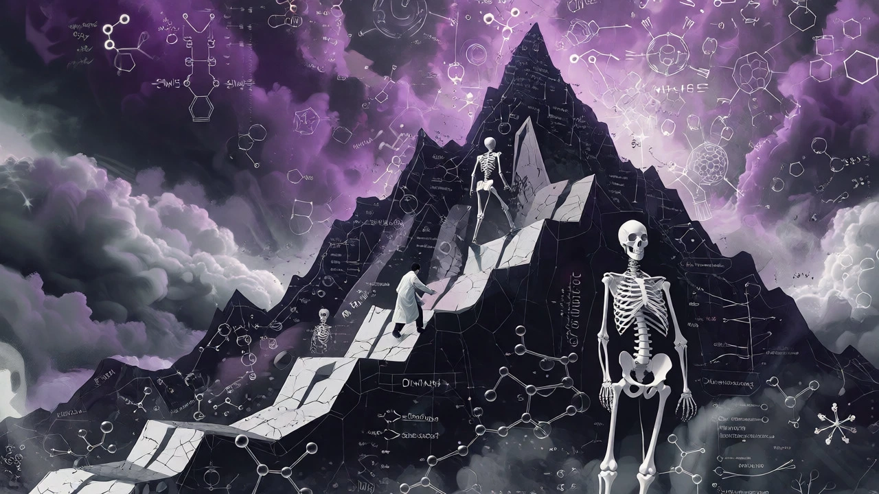 Surreal illustration of a medical student climbing a mountain made of anatomical diagrams.